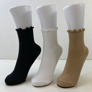 Your Missing Sock Womens Ribbed Ruffle-Top Ankle Socks 3-Pack Black White Brown
